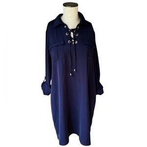 41 Hawthorn Blouson Roll Tab Sleeve Navy Blue Shirt Grommet Tie Dress Size L